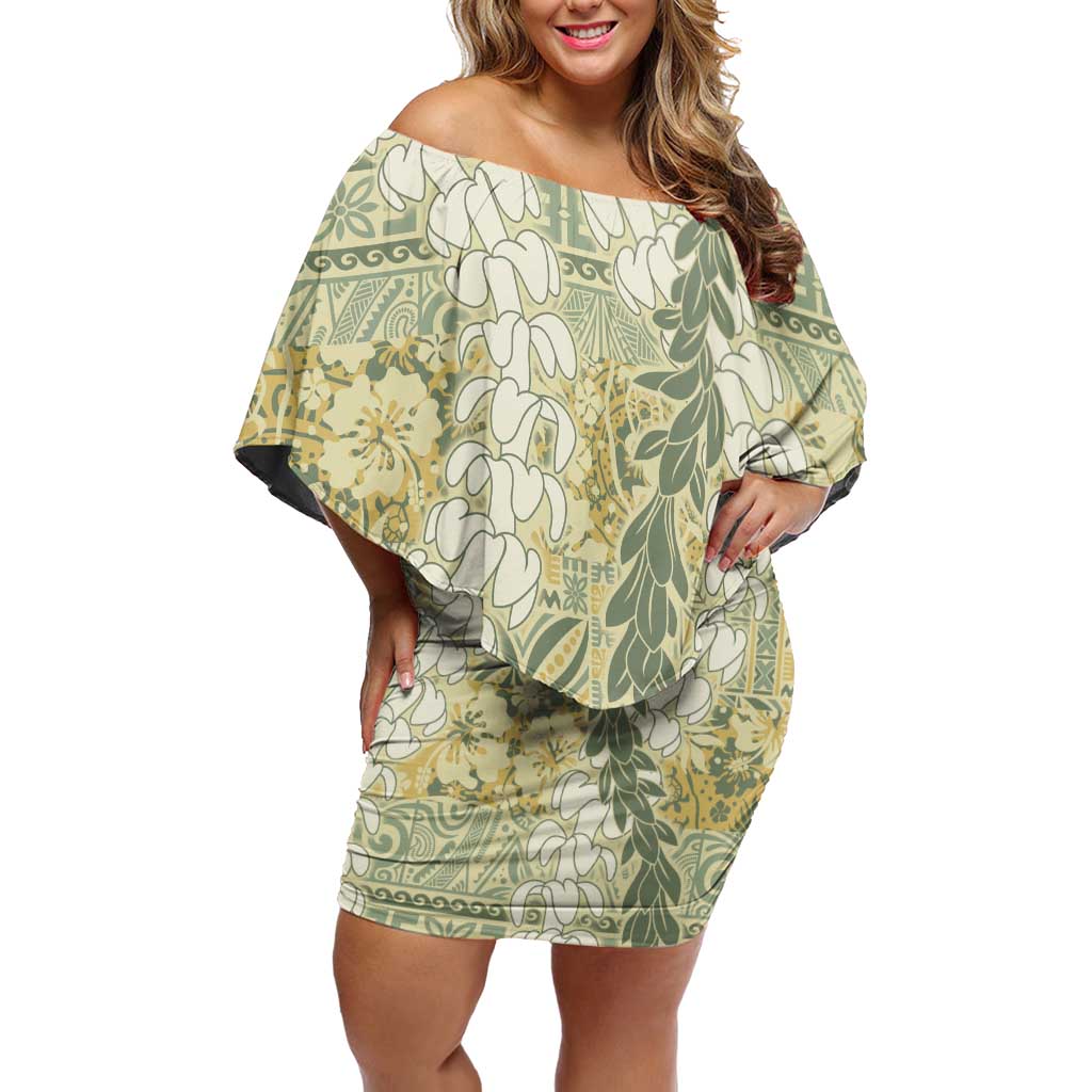 Vintage Puakenikeni and Maile Lei Off Shoulder Short Dress Hawaiian Style Tribal Tapa Double Strand Lei