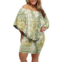 Vintage Puakenikeni and Maile Lei Off Shoulder Short Dress Hawaiian Style Tribal Tapa Double Strand Lei LT9 Women Vintage - Polynesian Pride