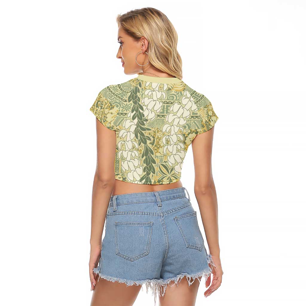 Vintage Puakenikeni and Maile Lei Raglan Cropped T Shirt Hawaiian Style Tribal Tapa Double Strand Lei LT9 - Polynesian Pride