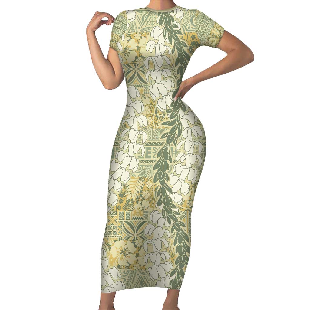 Vintage Puakenikeni and Maile Lei Short Sleeve Bodycon Dress Hawaiian Style Tribal Tapa Double Strand Lei LT9 Long Dress Vintage - Polynesian Pride