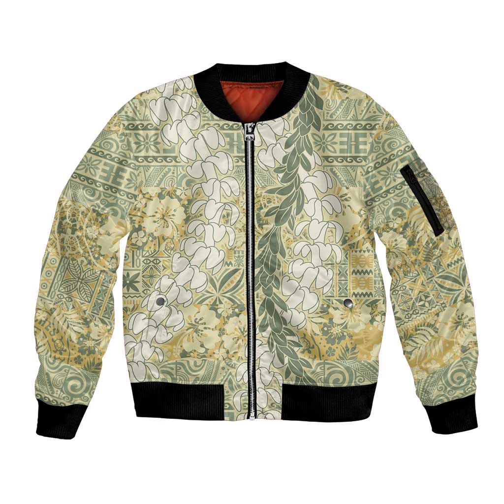 Vintage Puakenikeni and Maile Lei Sleeve Zip Bomber Jacket Hawaiian Style Tribal Tapa Double Strand Lei LT9 Unisex Vintage - Polynesian Pride
