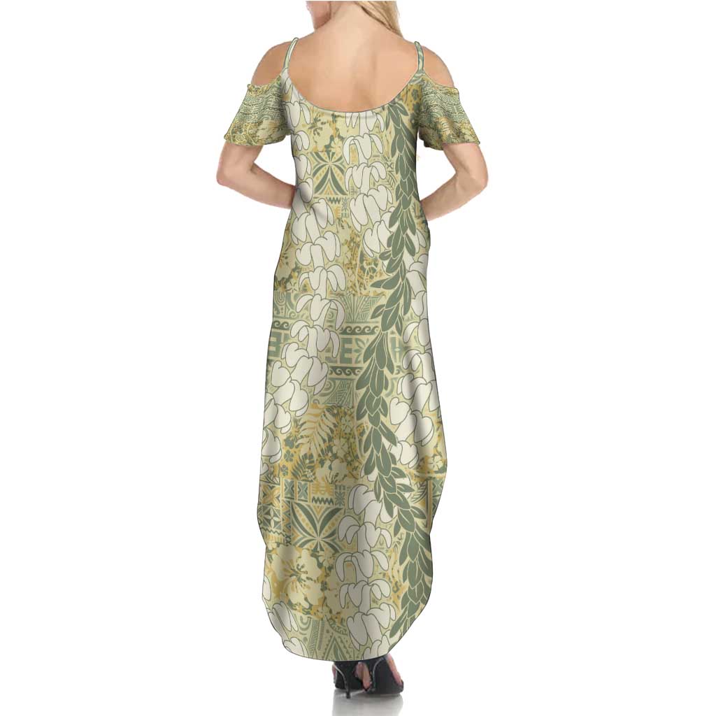 Vintage Puakenikeni and Maile Lei Summer Maxi Dress Hawaiian Style Tribal Tapa Double Strand Lei LT9 - Polynesian Pride