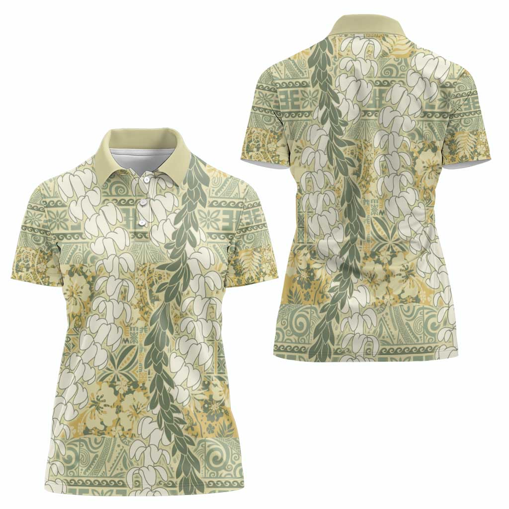Vintage Puakenikeni and Maile Lei Women Polo Shirt Hawaiian Style Tribal Tapa Double Strand Lei LT9 - Polynesian Pride