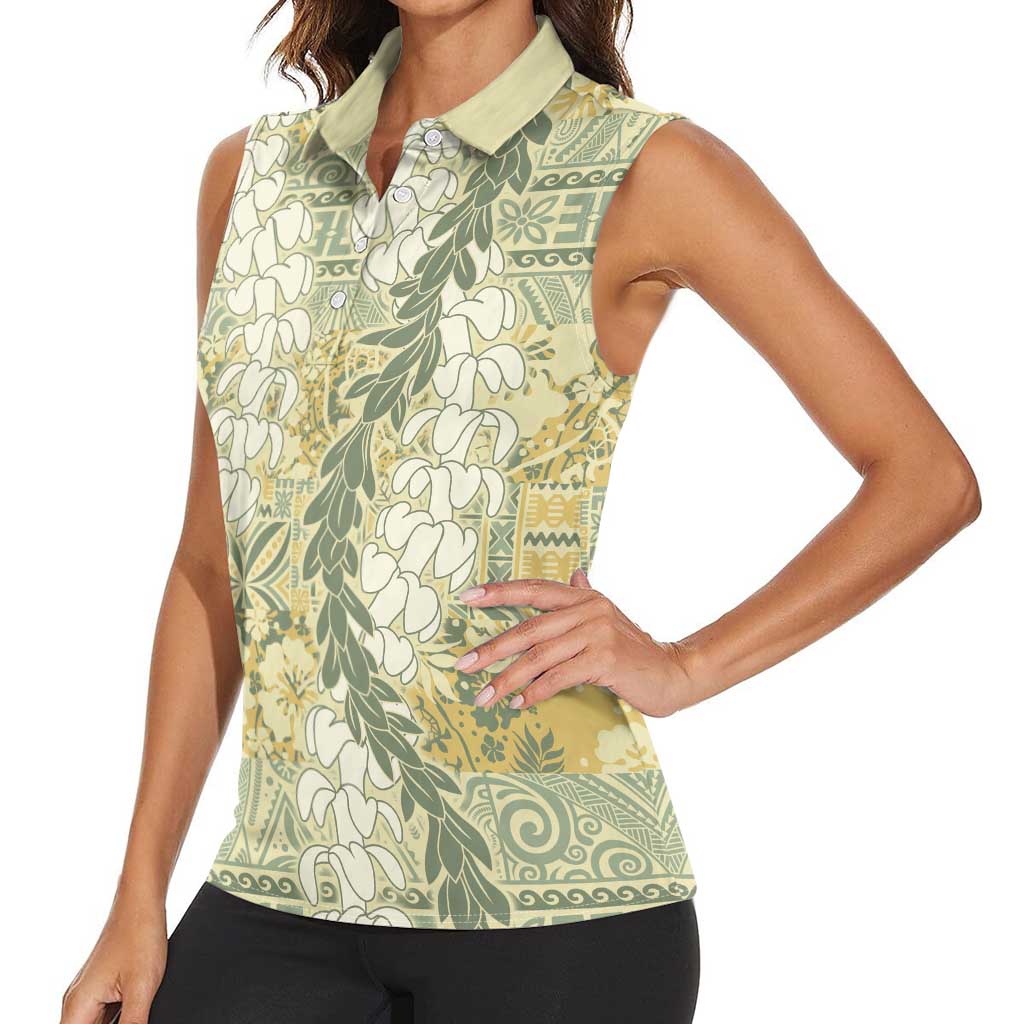 Vintage Puakenikeni and Maile Lei Women Sleeveless Polo Shirt Hawaiian Style Tribal Tapa Double Strand Lei LT9 - Polynesian Pride