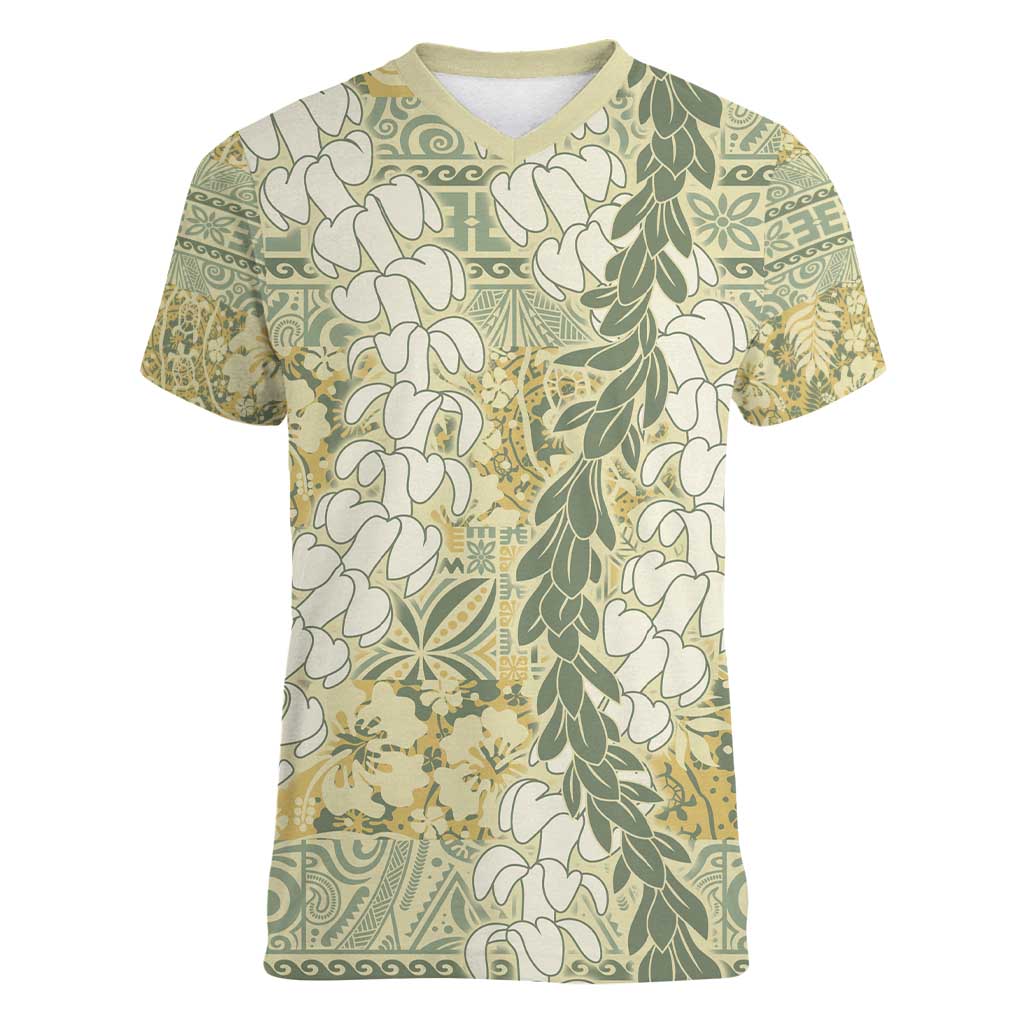 Vintage Puakenikeni and Maile Lei Women V-Neck T-Shirt Hawaiian Style Tribal Tapa Double Strand Lei LT9 Female Vintage - Polynesian Pride