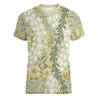 Vintage Puakenikeni and Maile Lei Women V-Neck T-Shirt Hawaiian Style Tribal Tapa Double Strand Lei LT9 Female Vintage - Polynesian Pride