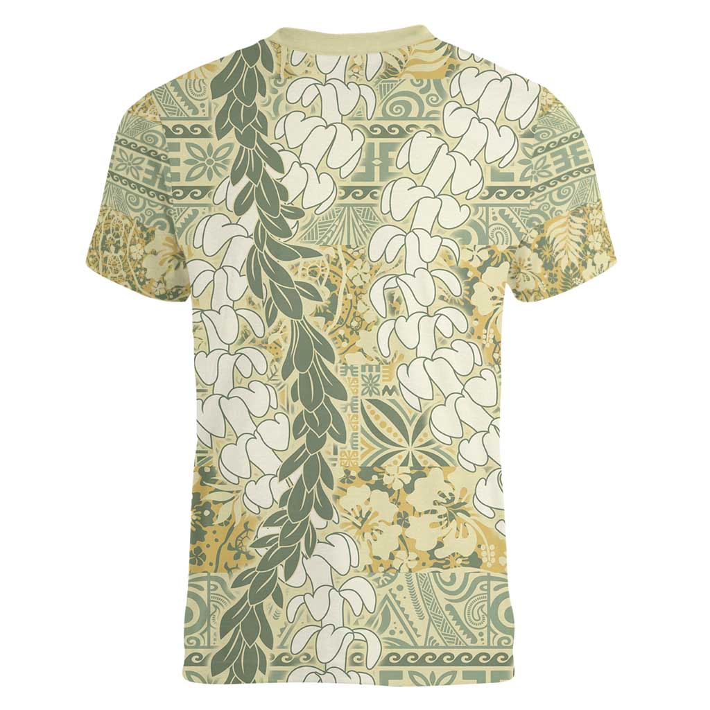 Vintage Puakenikeni and Maile Lei Women V-Neck T-Shirt Hawaiian Style Tribal Tapa Double Strand Lei LT9 - Polynesian Pride