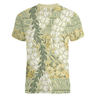 Vintage Puakenikeni and Maile Lei Women V-Neck T-Shirt Hawaiian Style Tribal Tapa Double Strand Lei LT9 - Polynesian Pride