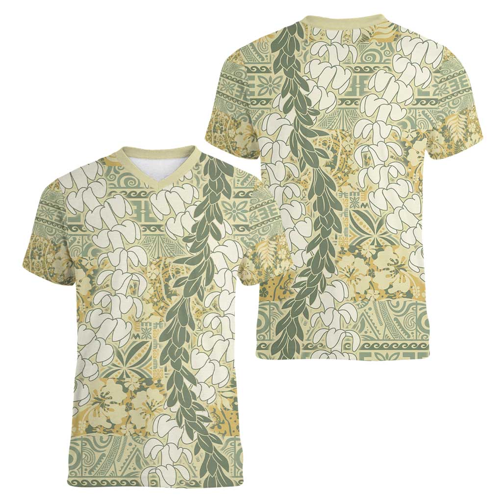 Vintage Puakenikeni and Maile Lei Women V-Neck T-Shirt Hawaiian Style Tribal Tapa Double Strand Lei LT9 - Polynesian Pride