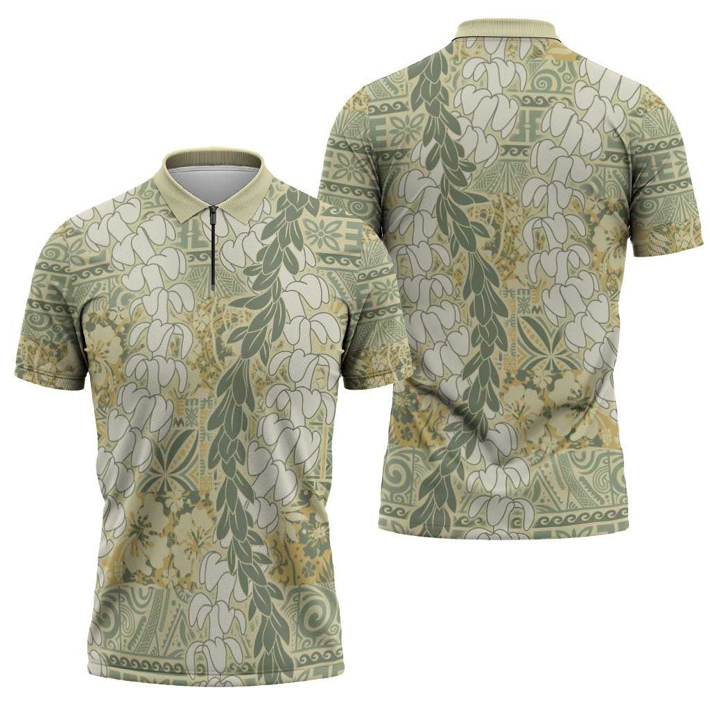 Vintage Puakenikeni and Maile Lei Zipper Polo Shirt Hawaiian Style Tribal Tapa Double Strand Lei LT9 - Polynesian Pride