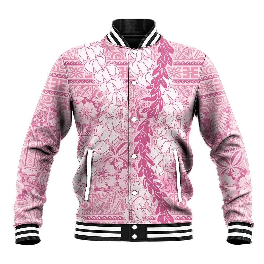 Pink Puakenikeni and Maile Lei Baseball Jacket Hawaiian Style Tribal Tapa Double Strand Lei LT9 Unisex Pink - Polynesian Pride