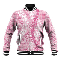 Pink Puakenikeni and Maile Lei Baseball Jacket Hawaiian Style Tribal Tapa Double Strand Lei LT9 Unisex Pink - Polynesian Pride