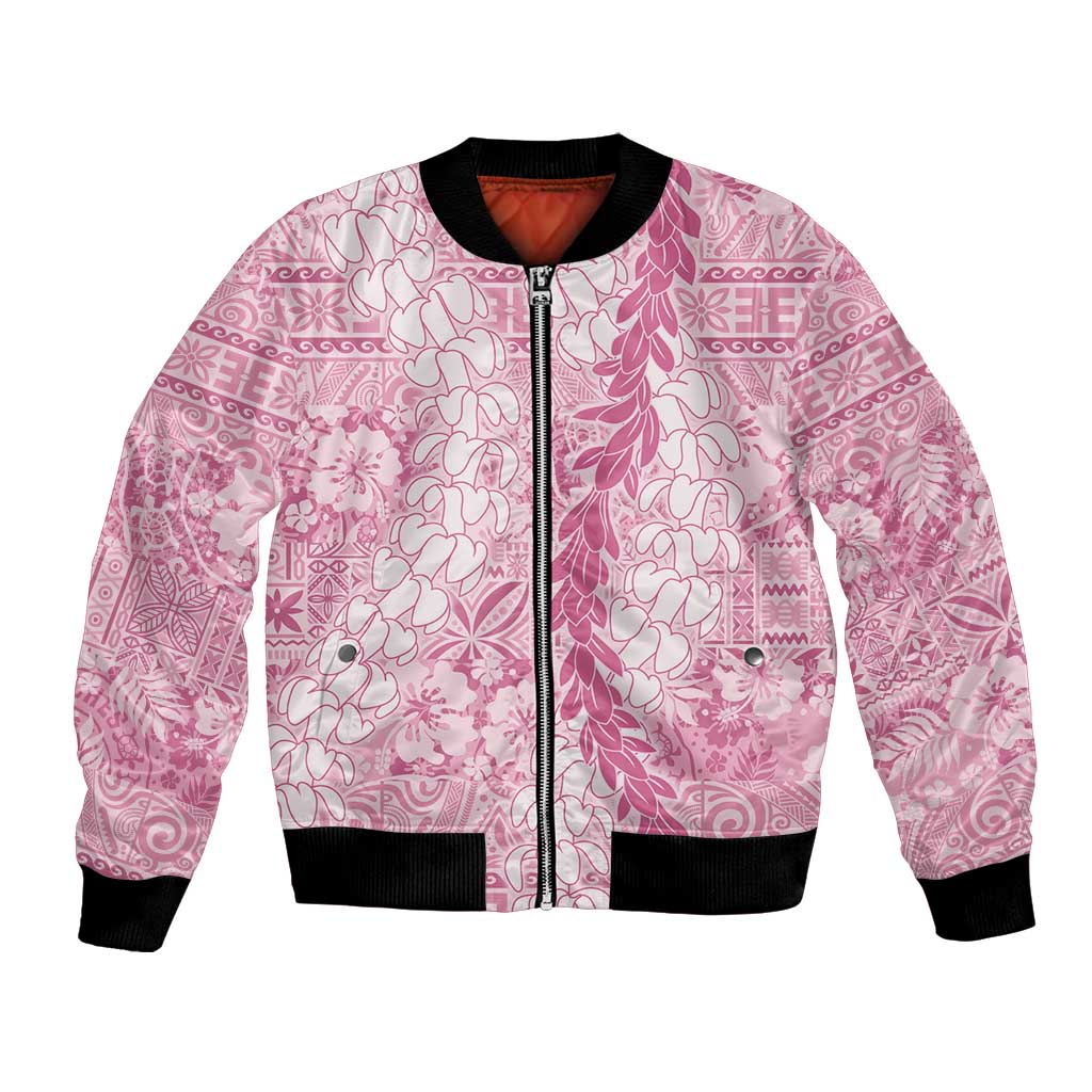 Pink Puakenikeni and Maile Lei Bomber Jacket Hawaiian Style Tribal Tapa Double Strand Lei LT9 Unisex Pink - Polynesian Pride