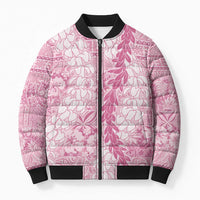 Pink Puakenikeni and Maile Lei Bomber Puffer Jacket Hawaiian Style Tribal Tapa Double Strand Lei LT9 Unisex Pink - Polynesian Pride