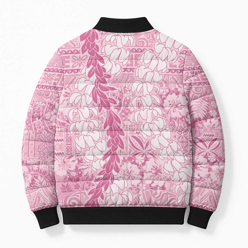 Pink Puakenikeni and Maile Lei Bomber Puffer Jacket Hawaiian Style Tribal Tapa Double Strand Lei LT9 - Polynesian Pride