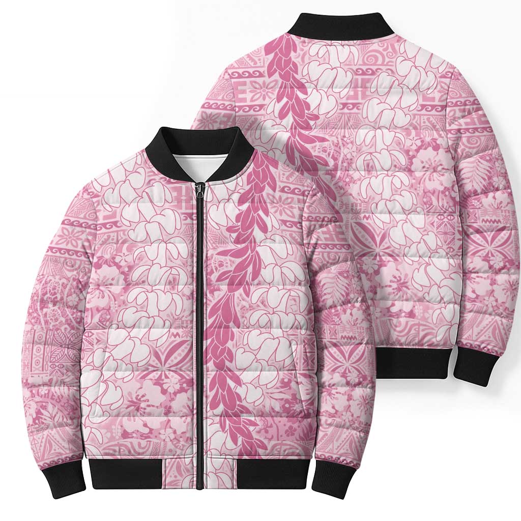 Pink Puakenikeni and Maile Lei Bomber Puffer Jacket Hawaiian Style Tribal Tapa Double Strand Lei LT9 - Polynesian Pride
