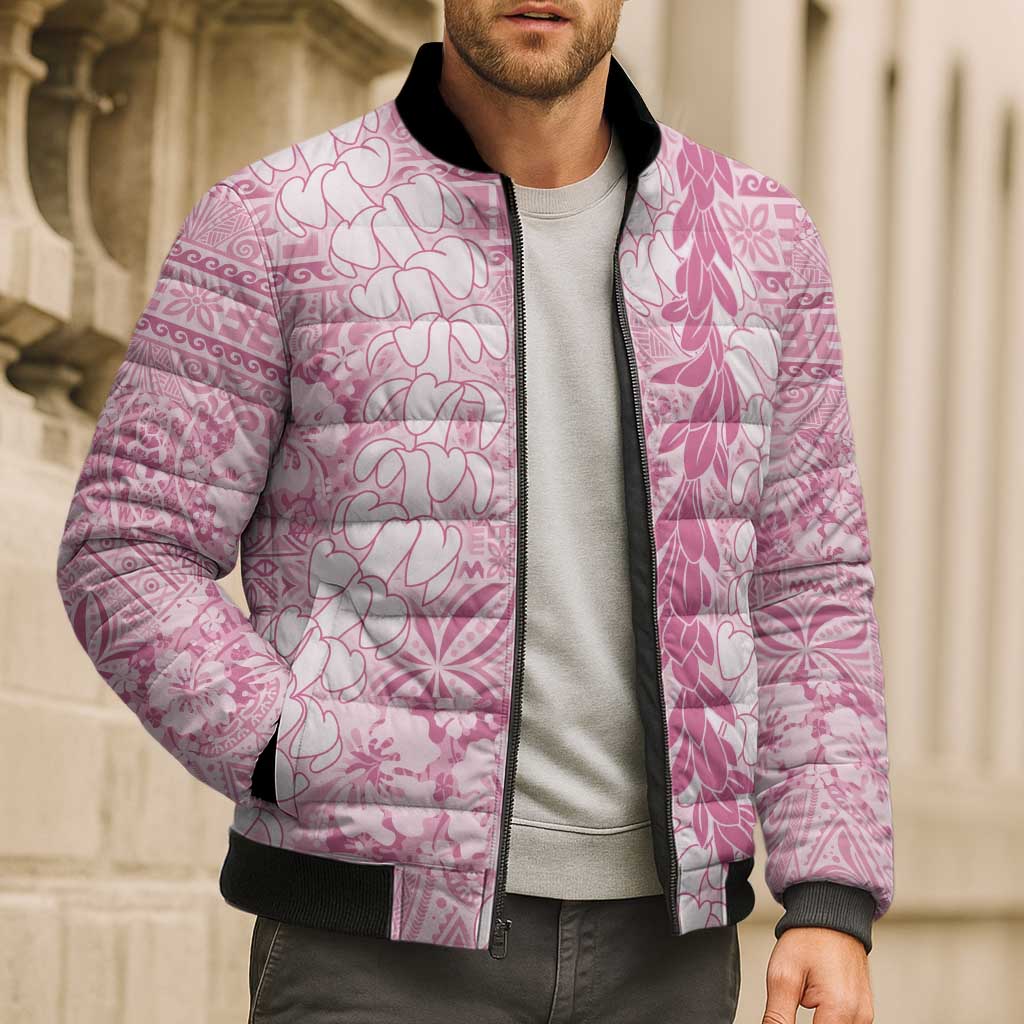 Pink Puakenikeni and Maile Lei Bomber Puffer Jacket Hawaiian Style Tribal Tapa Double Strand Lei LT9 - Polynesian Pride