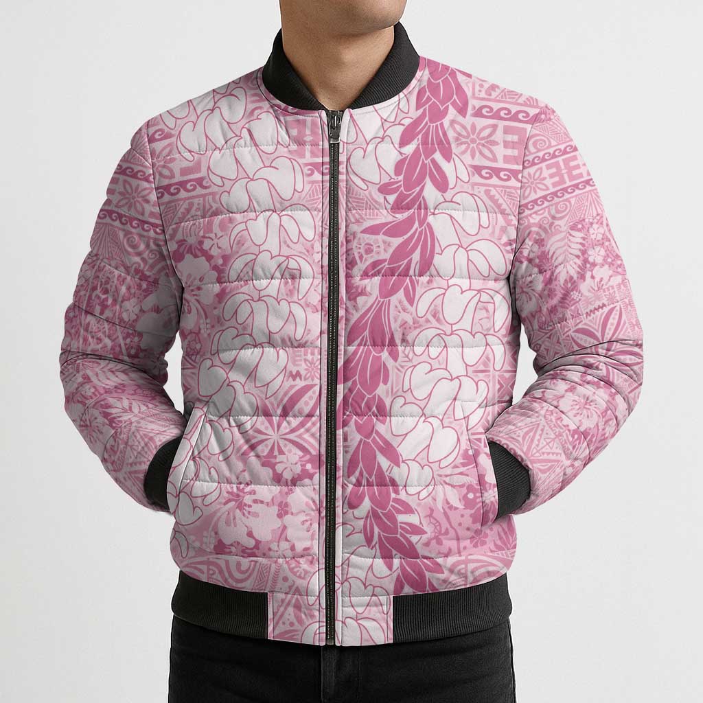 Pink Puakenikeni and Maile Lei Bomber Puffer Jacket Hawaiian Style Tribal Tapa Double Strand Lei LT9 - Polynesian Pride