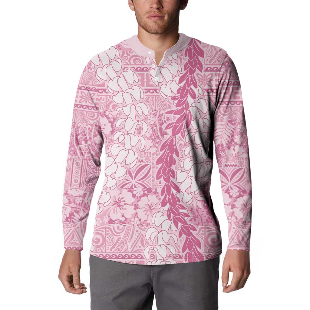 Pink Puakenikeni and Maile Lei Button Sweatshirt Hawaiian Style Tribal Tapa Double Strand Lei