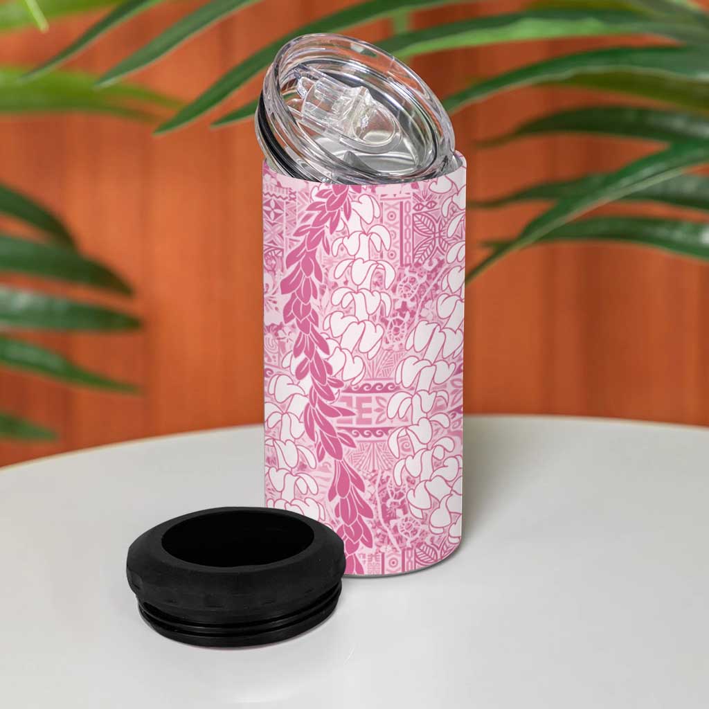 Pink Puakenikeni and Maile Lei 4 in 1 Can Cooler Tumbler Hawaiian Style Tribal Tapa Double Strand Lei LT9 - Polynesian Pride
