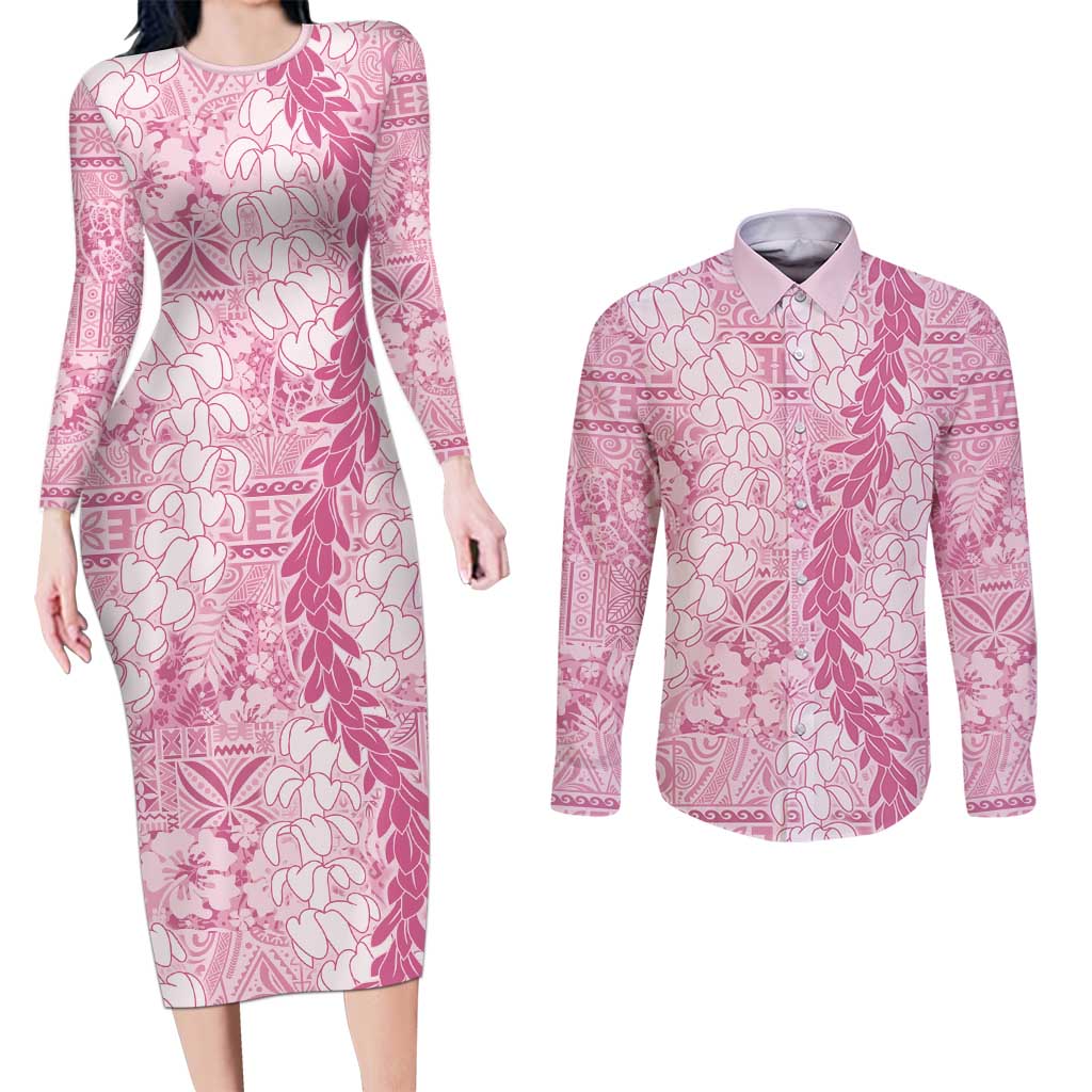 Pink Puakenikeni and Maile Lei Couples Matching Long Sleeve Bodycon Dress and Long Sleeve Button Shirt Hawaiian Style Tribal Tapa Double Strand Lei LT9 Pink - Polynesian Pride