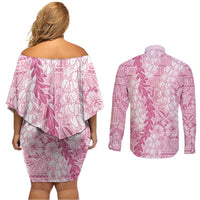 Pink Puakenikeni and Maile Lei Couples Matching Off Shoulder Short Dress and Long Sleeve Button Shirt Hawaiian Style Tribal Tapa Double Strand Lei LT9 - Polynesian Pride
