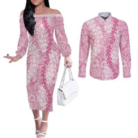Pink Puakenikeni and Maile Lei Couples Matching Off The Shoulder Long Sleeve Dress and Long Sleeve Button Shirt Hawaiian Style Tribal Tapa Double Strand Lei LT9 Pink - Polynesian Pride