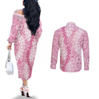Pink Puakenikeni and Maile Lei Couples Matching Off The Shoulder Long Sleeve Dress and Long Sleeve Button Shirt Hawaiian Style Tribal Tapa Double Strand Lei LT9 - Polynesian Pride