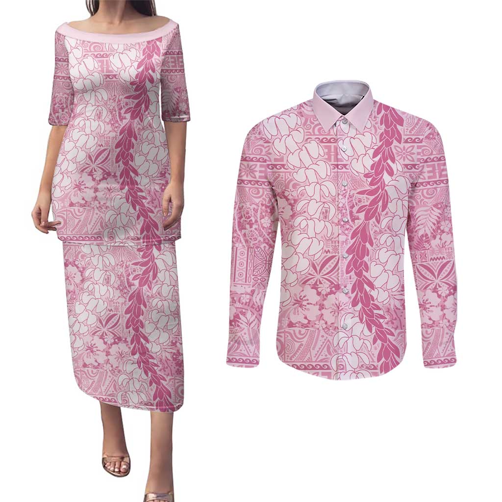 Pink Puakenikeni and Maile Lei Couples Matching Puletasi and Long Sleeve Button Shirt Hawaiian Style Tribal Tapa Double Strand Lei LT9 Pink - Polynesian Pride