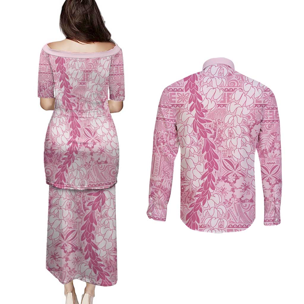 Pink Puakenikeni and Maile Lei Couples Matching Puletasi and Long Sleeve Button Shirt Hawaiian Style Tribal Tapa Double Strand Lei LT9 - Polynesian Pride