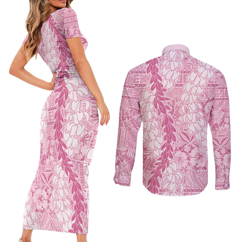 Pink Puakenikeni and Maile Lei Couples Matching Short Sleeve Bodycon Dress and Long Sleeve Button Shirt Hawaiian Style Tribal Tapa Double Strand Lei LT9 - Polynesian Pride