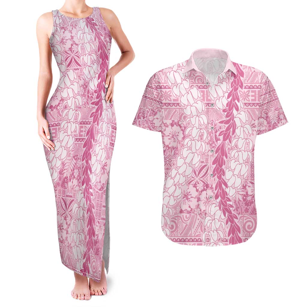 Pink Puakenikeni and Maile Lei Couples Matching Tank Maxi Dress and Hawaiian Shirt Hawaiian Style Tribal Tapa Double Strand Lei LT9 Pink - Polynesian Pride