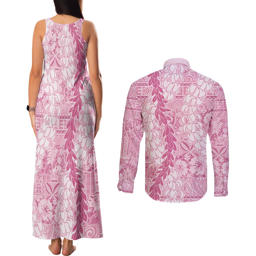 Pink Puakenikeni and Maile Lei Couples Matching Tank Maxi Dress and Long Sleeve Button Shirt Hawaiian Style Tribal Tapa Double Strand Lei LT9 - Polynesian Pride