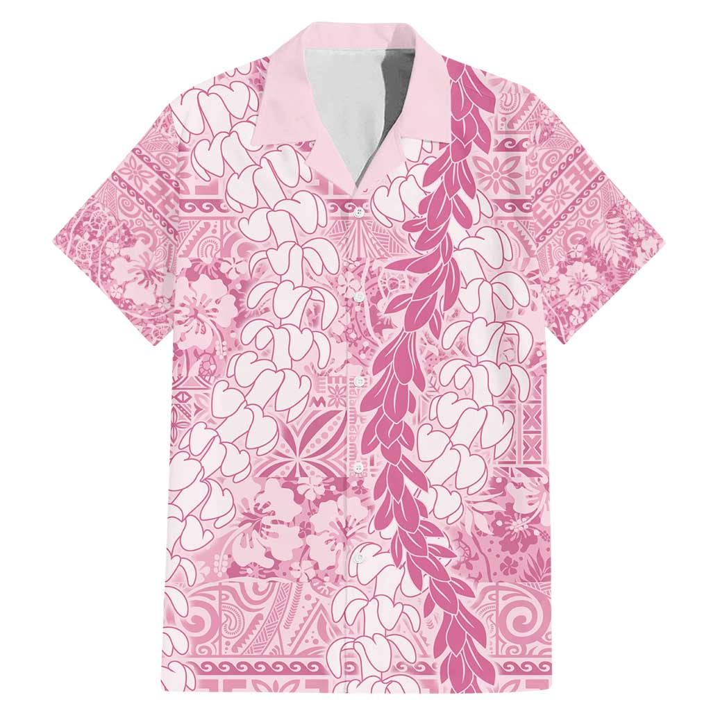 Pink Puakenikeni and Maile Lei Family Matching Mermaid Dress and Hawaiian Shirt Hawaiian Style Tribal Tapa Double Strand Lei LT9 Dad's Shirt - Short Sleeve Pink - Polynesian Pride