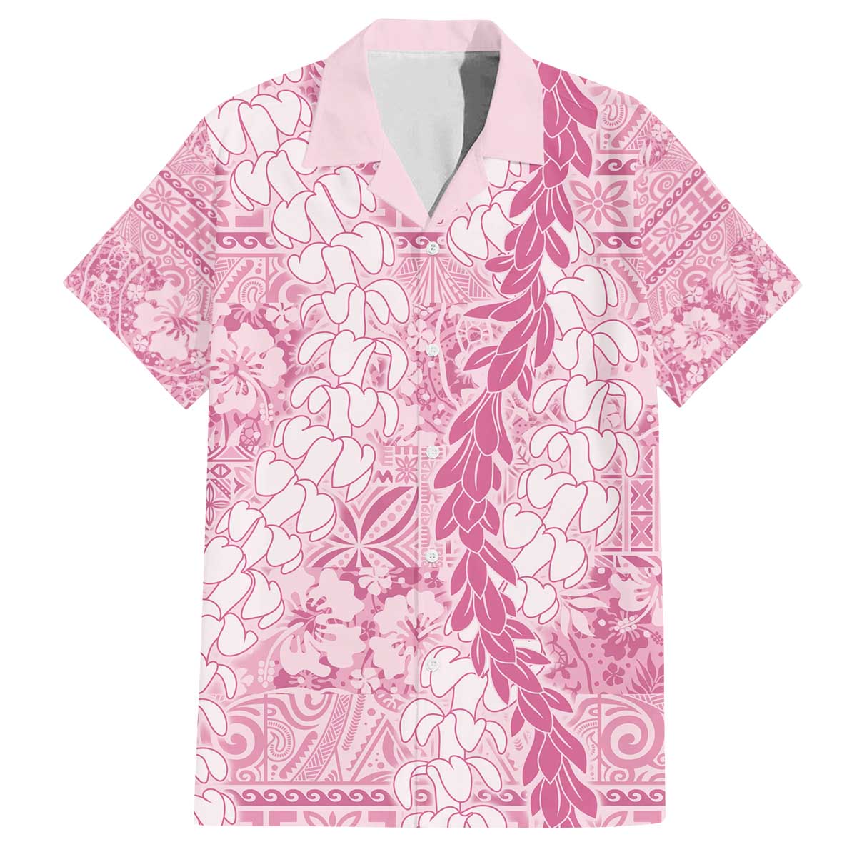 Pink Puakenikeni and Maile Lei Family Matching Off The Shoulder Long Sleeve Dress and Hawaiian Shirt Hawaiian Style Tribal Tapa Double Strand Lei LT9 Dad's Shirt - Short Sleeve Pink - Polynesian Pride