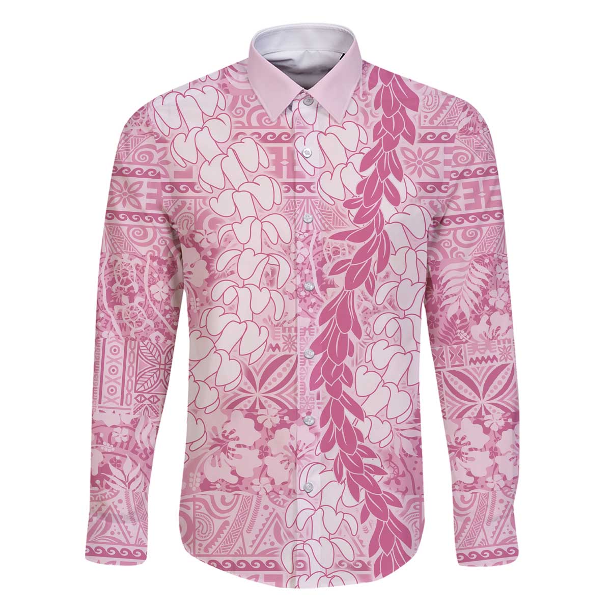 Pink Puakenikeni and Maile Lei Family Matching Off The Shoulder Long Sleeve Dress and Hawaiian Shirt Hawaiian Style Tribal Tapa Double Strand Lei LT9 Dad's Shirt - Long Sleeve Pink - Polynesian Pride