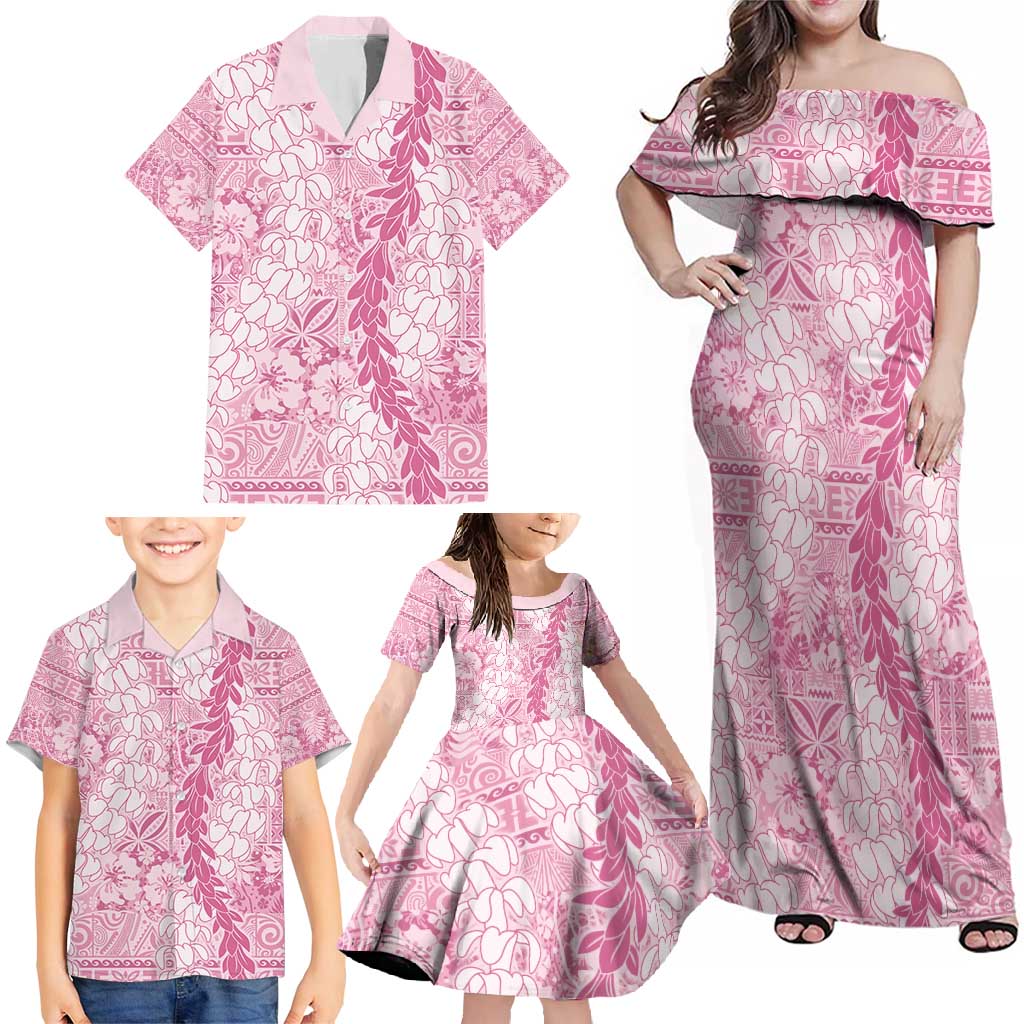 Pink Puakenikeni and Maile Lei Family Matching Off Shoulder Maxi Dress and Hawaiian Shirt Hawaiian Style Tribal Tapa Double Strand Lei LT9 - Polynesian Pride