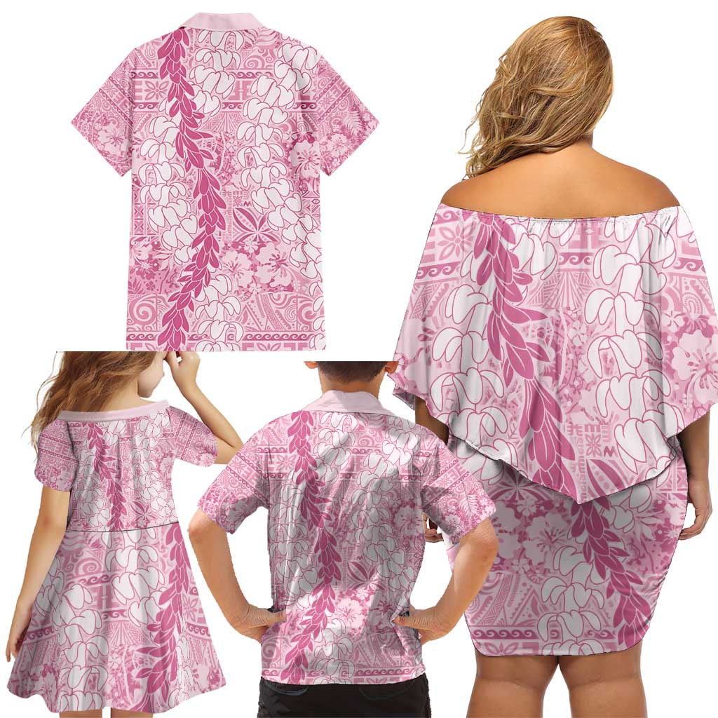 Pink Puakenikeni and Maile Lei Family Matching Off Shoulder Short Dress and Hawaiian Shirt Hawaiian Style Tribal Tapa Double Strand Lei LT9 - Polynesian Pride