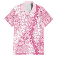 Pink Puakenikeni and Maile Lei Family Matching Off Shoulder Short Dress and Hawaiian Shirt Hawaiian Style Tribal Tapa Double Strand Lei LT9 Dad's Shirt - Short Sleeve Pink - Polynesian Pride