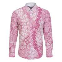 Pink Puakenikeni and Maile Lei Family Matching Off Shoulder Short Dress and Hawaiian Shirt Hawaiian Style Tribal Tapa Double Strand Lei LT9 Dad's Shirt - Long Sleeve Pink - Polynesian Pride