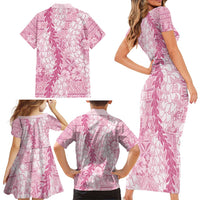 Pink Puakenikeni and Maile Lei Family Matching Short Sleeve Bodycon Dress and Hawaiian Shirt Hawaiian Style Tribal Tapa Double Strand Lei LT9 - Polynesian Pride