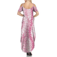 Pink Puakenikeni and Maile Lei Family Matching Summer Maxi Dress and Hawaiian Shirt Hawaiian Style Tribal Tapa Double Strand Lei LT9 - Polynesian Pride