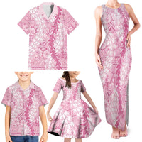 Pink Puakenikeni and Maile Lei Family Matching Tank Maxi Dress and Hawaiian Shirt Hawaiian Style Tribal Tapa Double Strand Lei LT9 - Polynesian Pride
