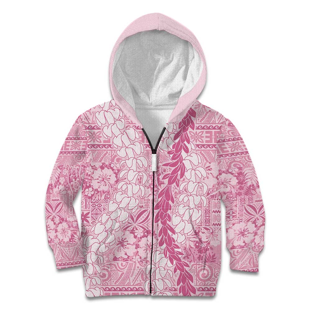 Pink Puakenikeni and Maile Lei Kid Hoodie Hawaiian Style Tribal Tapa Double Strand Lei LT9 Zip Hoodie Pink - Polynesian Pride