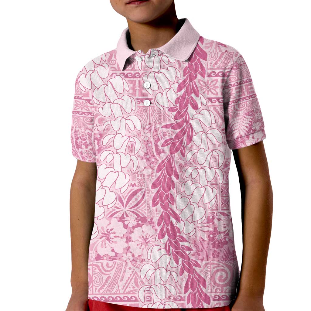 Pink Puakenikeni and Maile Lei Kid Polo Shirt Hawaiian Style Tribal Tapa Double Strand Lei LT9 Kid Pink - Polynesian Pride