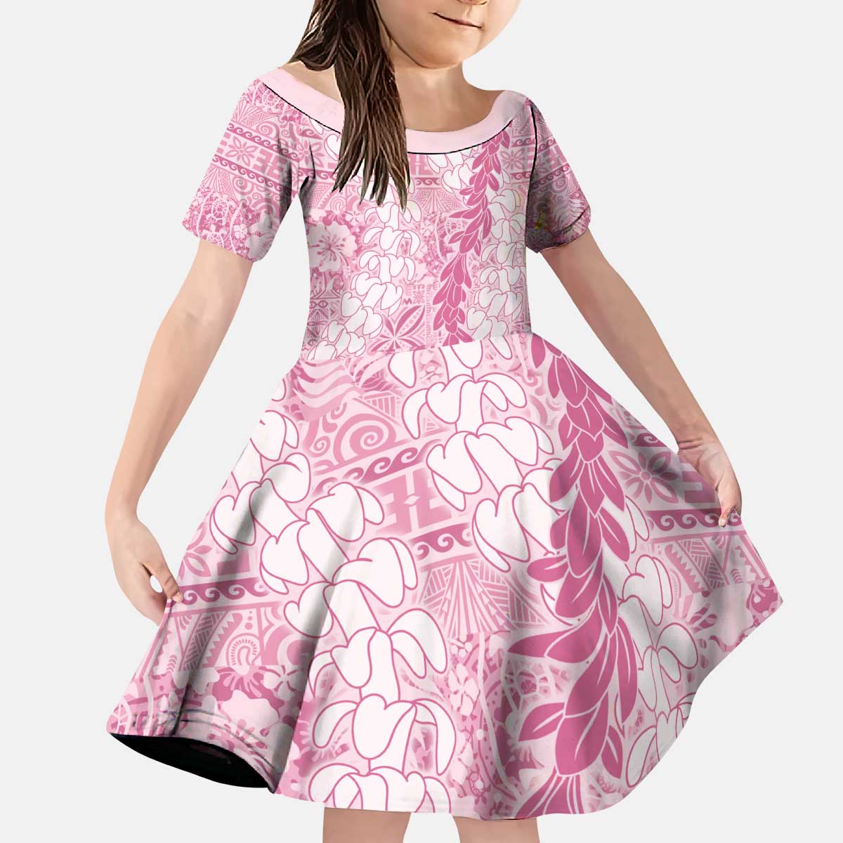 Pink Puakenikeni and Maile Lei Kid Short Sleeve Dress Hawaiian Style Tribal Tapa Double Strand Lei