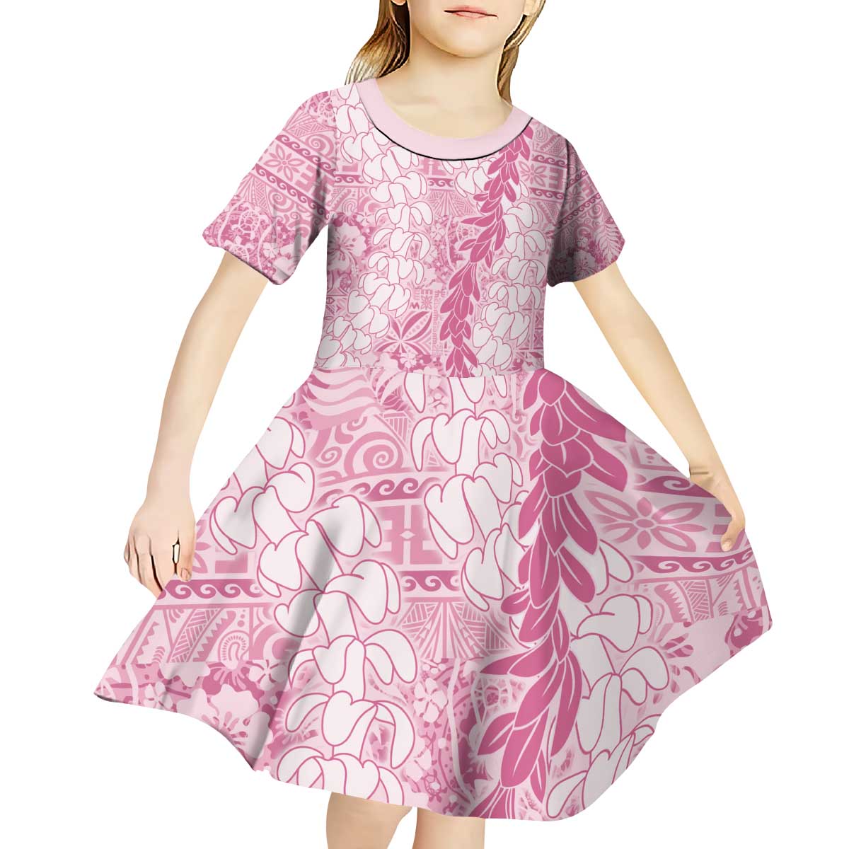 Pink Puakenikeni and Maile Lei Kid Short Sleeve Dress Hawaiian Style Tribal Tapa Double Strand Lei LT9 - Polynesian Pride