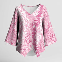 Pink Puakenikeni and Maile Lei Kimono Sleeve Blouse Hawaiian Style Tribal Tapa Double Strand Lei - Polynesian Pride