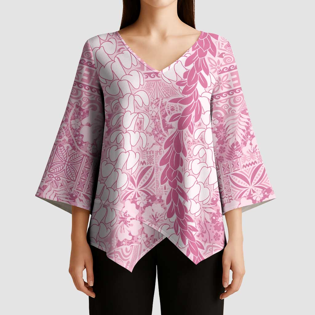 Pink Puakenikeni and Maile Lei Kimono Sleeve Blouse Hawaiian Style Tribal Tapa Double Strand Lei - Polynesian Pride