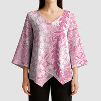 Pink Puakenikeni and Maile Lei Kimono Sleeve Blouse Hawaiian Style Tribal Tapa Double Strand Lei - Polynesian Pride